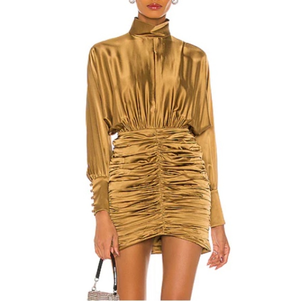 Retrofete Barbara silk ruched mini dress in olive army hue size XS